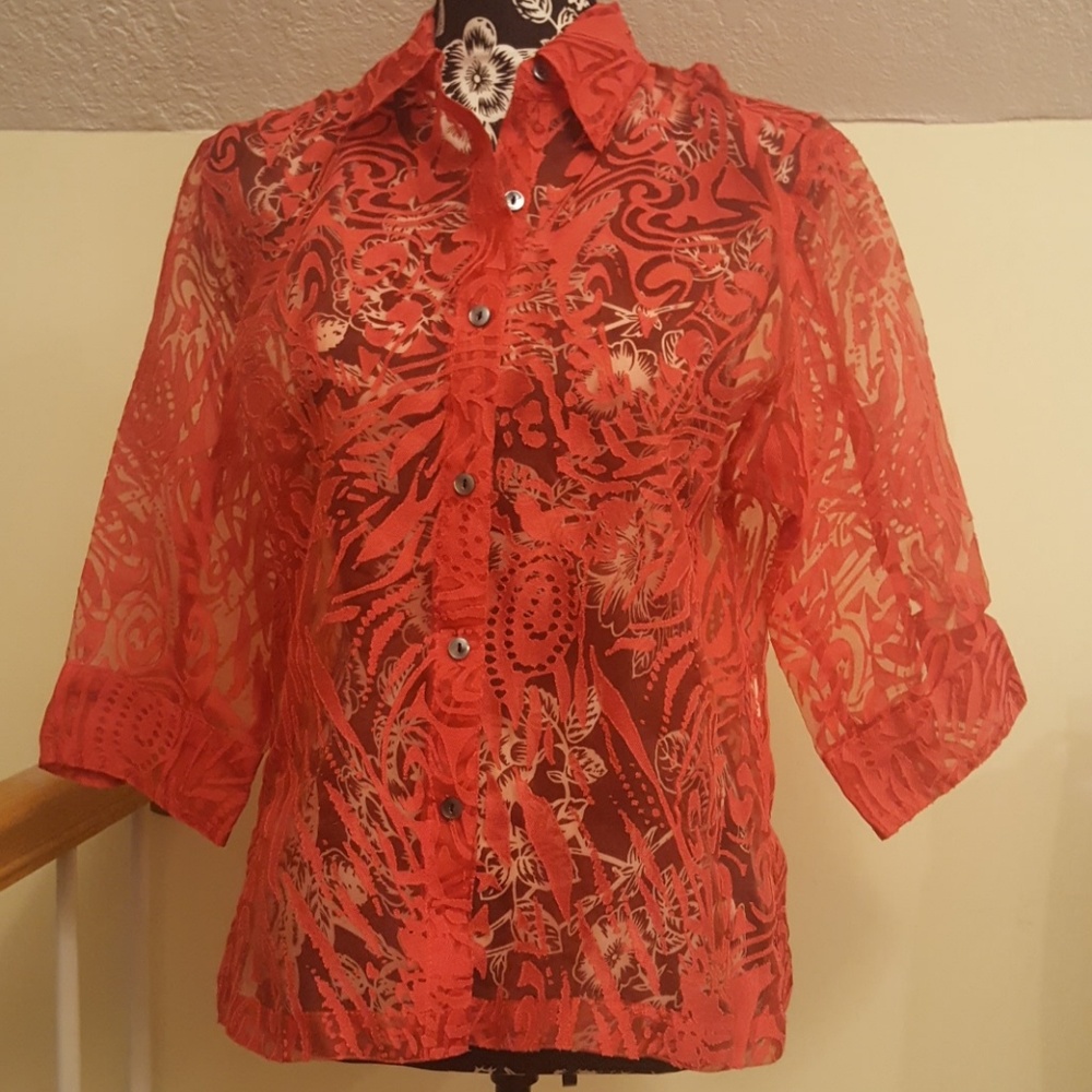 🎁Notations Red Sheer Buttom-Down Top